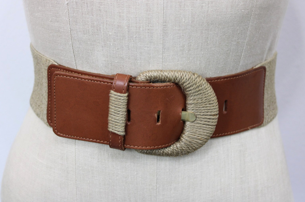 Vintage 90s First Issue USA Wide Stretch Belt Size M Brown Raffia Buckle Boho